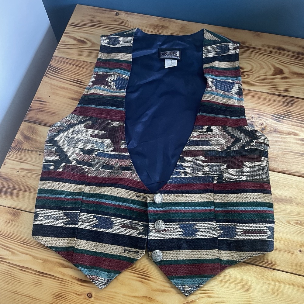 Vintage Roughrider By Circle T Boho Southwest Aztec Vest Size XS Made In USA